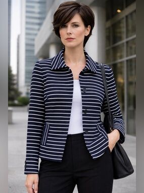 Talbots Petites Navy White Stripe Knit Blazer Jacket P NWT